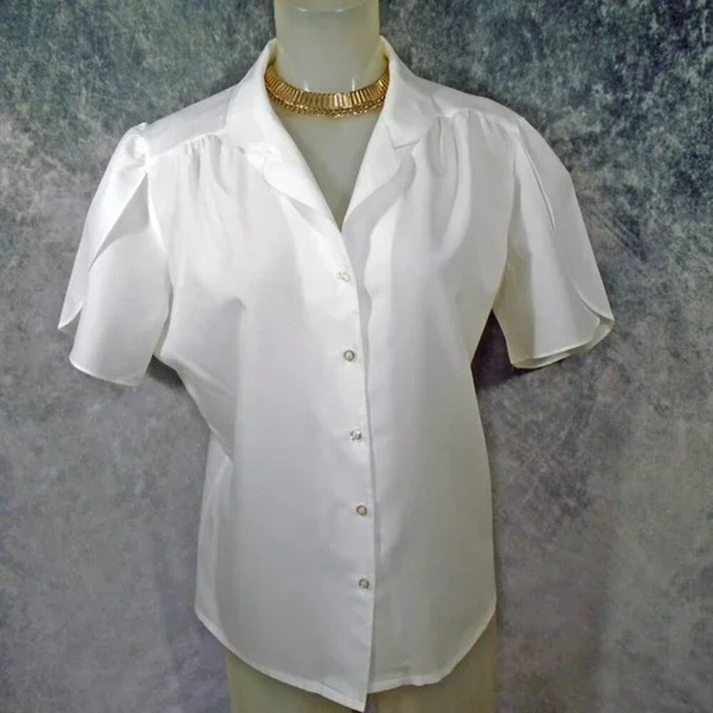 Plus Size Vintage White Blouse 80s Short Sleeve Top, 50s Style - Picture 3 of 5